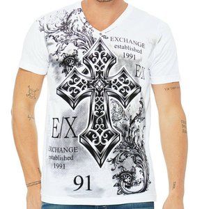 NWT BIG CROSS TATTOO EXCHANGE MEN'S WHITE V-NECK SHORT SLEEVE T-SHIRT SIZE M L